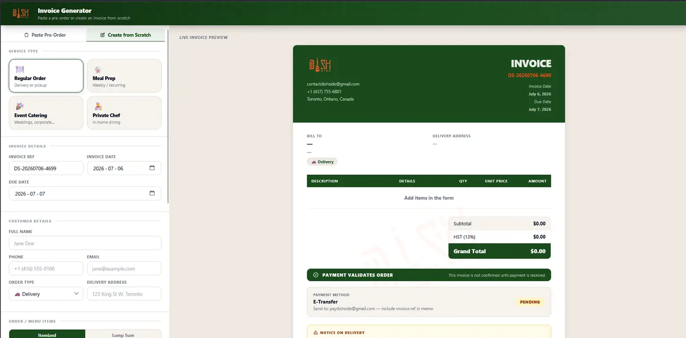 Dishside Invoice Generator — the invoice maker app we designed and built